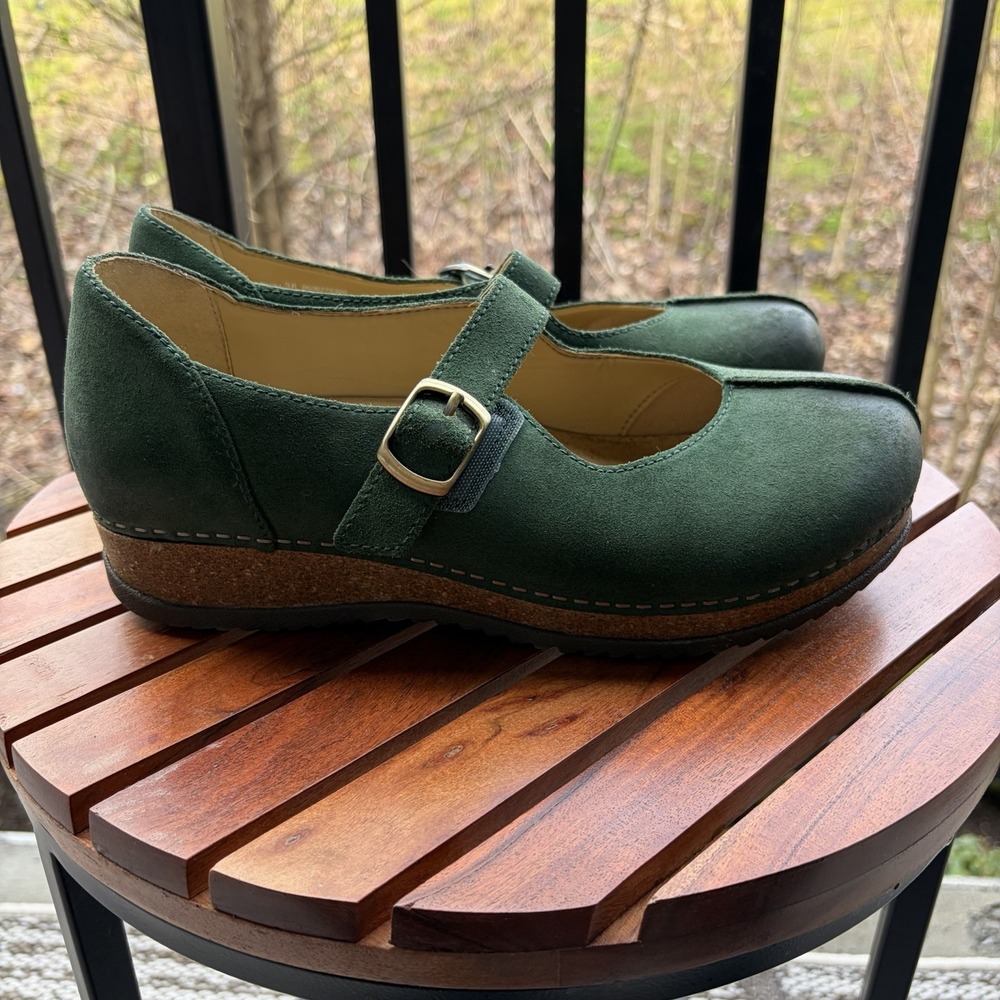 Dansko Mika Mary Jane Green Pine Burnished Suede Cork Sole Shoe Womens EU 38